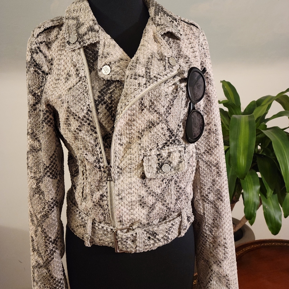 ABS Allen Schwartz Snake Print Bomber Jacket in Beige and Black